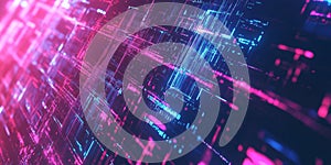 A sleek and dynamic abstract background showcasing glitching neon holograms interwoven with digital photo