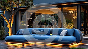 Sleek Electric Blue Studio Couch with Tennis Ball and Tree Outside Window - Automotive-Inspired Design with Lighting and Pillows