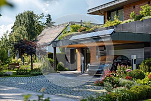 A sleek electric car charges under a solar paneled carport, eco friendly house. sustainable living, combining luxury photo