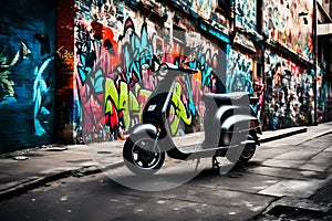 A sleek, electric scooter parked against a graffiti-covered wall in an urban alley