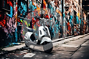 A sleek, electric scooter parked against a graffiti-covered wall in an urban alley