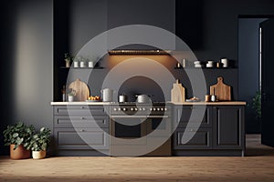 sleek elegance of a dark kitchen interior, featuring an empty grey wall, a panoramic window, a modern sink, a gas cooker, and