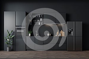 sleek elegance of a dark kitchen interior, featuring an empty grey wall, a panoramic window, a modern sink, a gas cooker, and