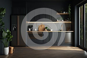 sleek elegance of a dark kitchen interior, featuring an empty grey wall, a panoramic window, a modern sink, a gas cooker, and