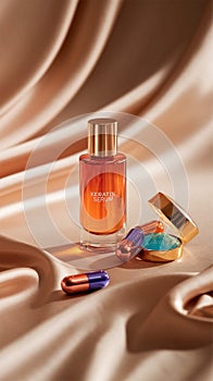 A sleek, elegant bottle of keratin serum stands out against a softly blurred background of luxurious fabric photo