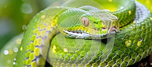 Sleek emerald green serpent gracefully moving in its vibrant natural jungle habitat