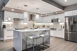 a sleek and energy-efficient kitchen, with energy-saving appliances and lighting