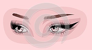 Sleek fashion illustration of the eye with luxe makeup and natural eyebrow.