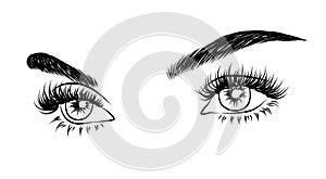 Sleek fashion illustration of the eye with luxe makeup and natural eyebrow.