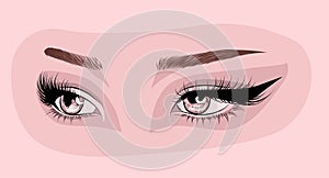 Sleek fashion illustration of the eye with luxe makeup and natural eyebrow. photo