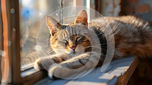 sleek feline sprawled lazily on a sunlit window sill, eyes half-closed in contentment