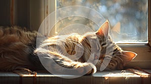 sleek feline sprawled lazily on a sunlit window sill, eyes half-closed in contentment