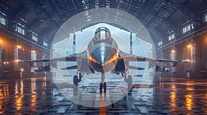 A sleek fighter jet is stationed in a spacious, well-lit hangar