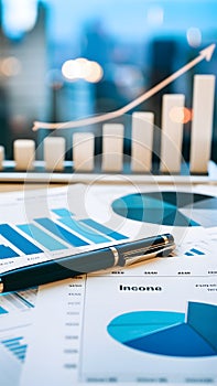 Sleek financial workspace with income charts, pen, and urban backdrop for analysis.