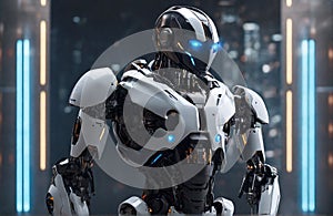 A sleek and futuristic AI robot stands guard, using advanced cyber security measures to protect sensitive information from prying