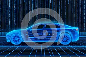 futuristic car on the background of a binary code