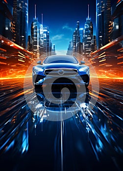 A sleek futuristic car speeds through a vibrant urban nightscape, with a sense of motion and advanced technology photo