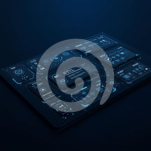 A sleek, futuristic digital interface displayed on a dark surface. Multiple rectangular