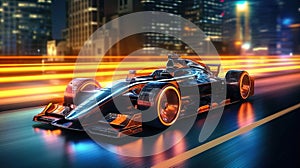 Sleek Futuristic Formula 1 Car Speeding Through City at Night.