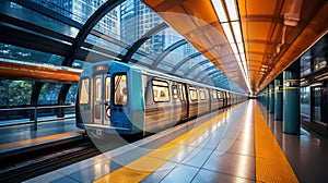 Sleek and futuristic modern subway train in motion speeding through a bustling urban metropolis