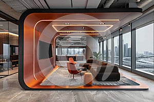 Sleek, futuristic office serving as a collaborative hub, equipped with state-of-the-art innovation centers and digital workspaces photo