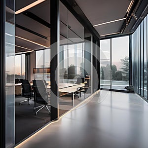 A sleek and futuristic office space with glass walls and modern furniture2