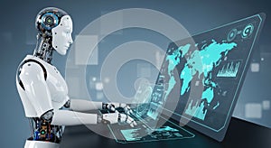 AI Robot Analyzing Global Data on Futuristic Interface
