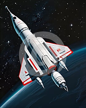 Interplanetary ship in the form of a rocket in a close orbit with a planet of Neptune against the backdrop of a dark tuning sky photo