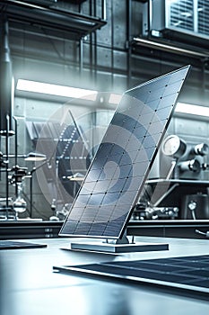 A sleek, futuristic solar panel prototype displayed in a high-tech lab.