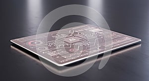 A sleek, futuristic touchscreen panel rests on a dark surface. The interface displays