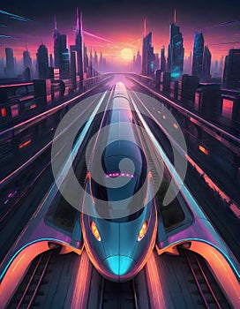 Sleek Futuristic Train Gliding into Station with Vibrant Evening Ambiance, Generative AI