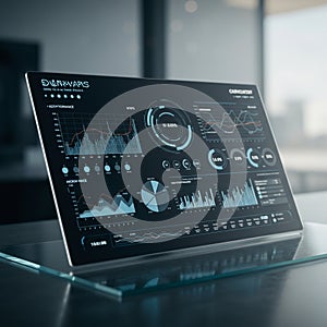 A sleek, futuristic transparent display shows various data visualizations, including