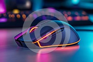 Sleek gaming mouse with neon lighting on a blurred colorful background photo