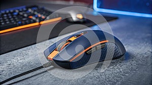 Sleek gaming mouse, vibrant orange accents, rests on a textured gray pad. Blurred keyboard and monitor hint at intense gameplay photo