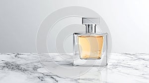 Sleek glass perfume bottle with silver cap, elegantly placed on marble surface, showcasing its refined design and warm amber photo