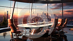 A sleek glasswalled round table conference room