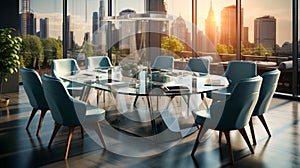 A sleek glasswalled round table conference room