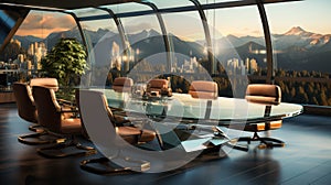 A sleek glasswalled round table conference room