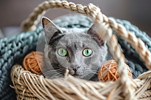 A sleek, gray cat with mesmerizing green eyes gazes out from within a cozy basket, exuding a sense of tranquility and