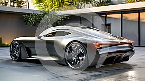 Sleek Gray Sports Car With Aerodynamic Design Parked In A Modern Driveway Surrounded By Greenery