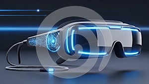 A sleek, high-tech pair of augmented/virtual reality glasses featuring glossy black frames, bright blue glowing LED