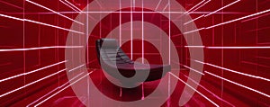 A sleek, high-tech red room with sharp, angular walls, digital grids, and pulsing red light strips