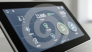 Modern smart home control panel displaying icons for lighting, security, and music settings
