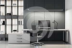 Sleek home office with furniture and dark gray backdrop. Interior design concept. 3D Rendering