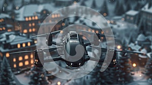 A sleek jetblack drone hovers menacingly over a group of miniature buildings its sensors presumably scanning for any photo