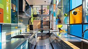 The sleek kitchen in this urban abode is given a lively touch with colorful panels covering the backsplash. Vibrant