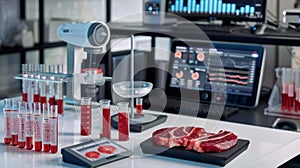 A sleek laboratory scene analyzing cultured meat, with a T-bone steak on the scale and digital analytics in the