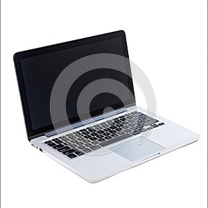 A sleek laptop computer rests on a clean white surface, showcasing its modern design and functionality in a minimalist