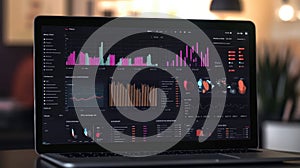 Sleek laptop displaying colorful data analytics and visualizations