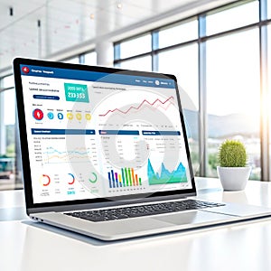 Sleek Laptop Displaying Data Analytics Dashboard with Cactus Succulent on White Desk in Modern Office Space